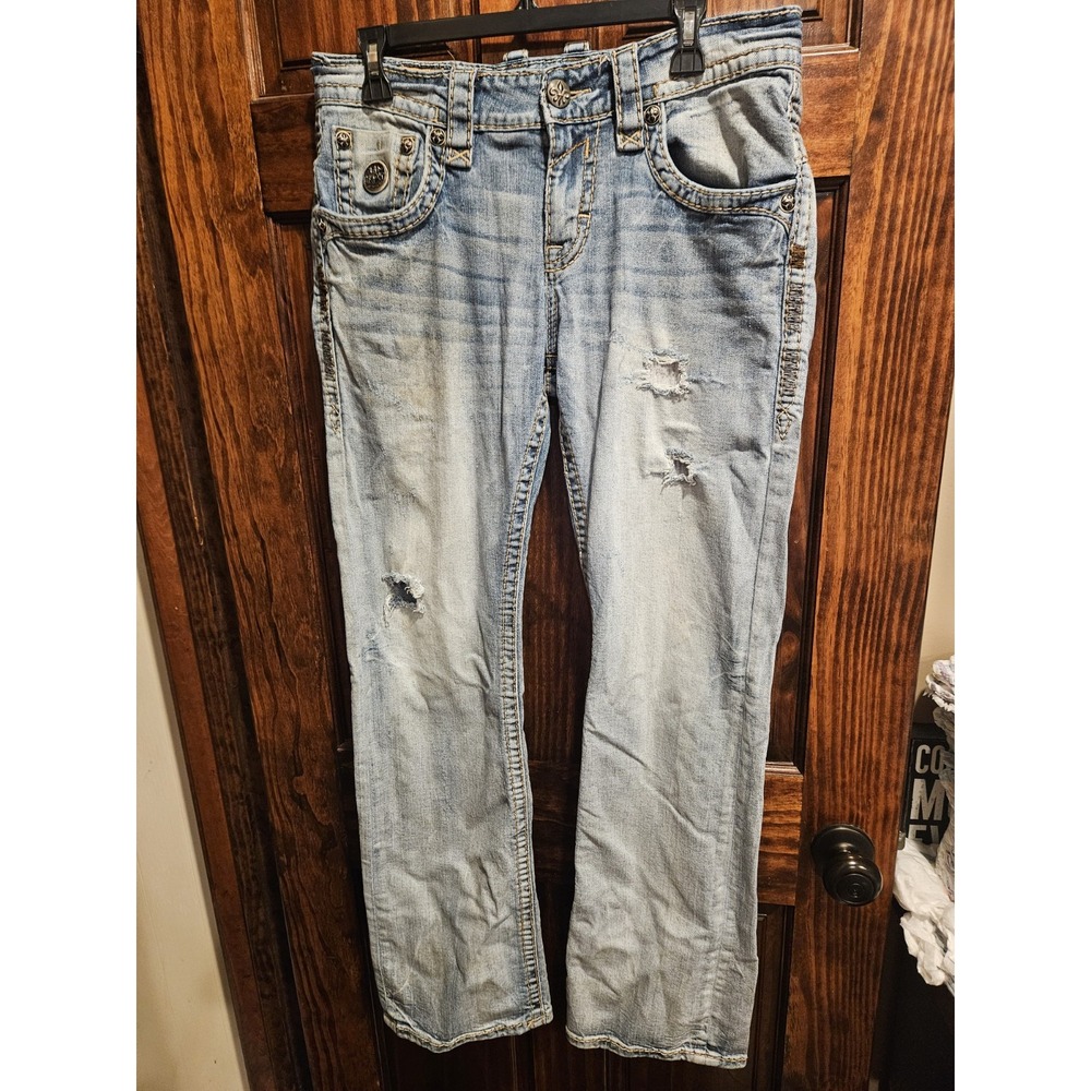 Rock Revival 32 Zed Boot Women Jeans Chunky Stitch Thick Stitch Blue Distressed